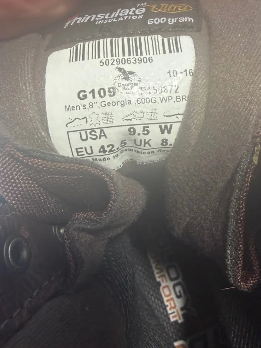 Georgia Boot G109 Mens 9.5W Brown Waterproof 600G Thinsulate Insulated NWOT